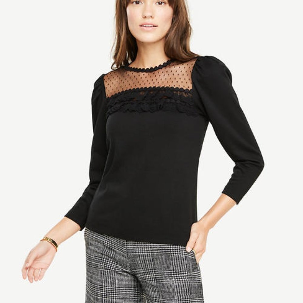 Ann Taylor Lace Yoke Puff Sleeve Top black S *New*